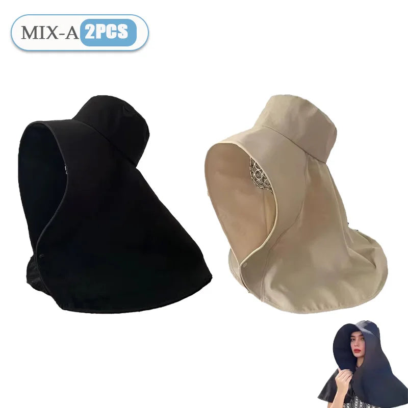 Women‘s Summer Sun Protection Hat with Face Cover Neck Flap Shoulder Cape Wide Brim UV Blocking for Outdoor Hiking Cycling Oasis Select Mix-2PCS A One Size