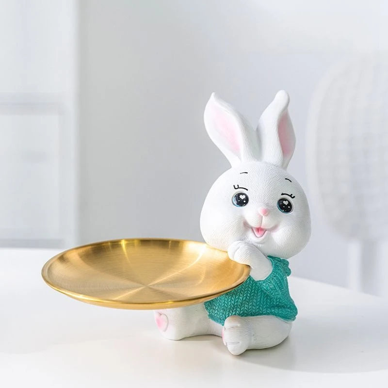 Cute Rabbit/Cat Storage Tray Multifunctional Rabbit Sculpture Key Tray Resin Bunny Statue Candy Dish Home Office Desk Decor Oasis Select B