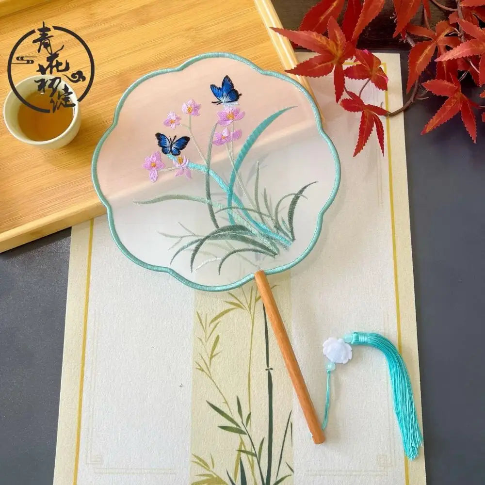 Chinese Style Silk Round Fan Double-sided Floral Embroidery Hand Fans with Tassel Summer Dance Fan For Women Wedding Home Decor Oasis Select 07