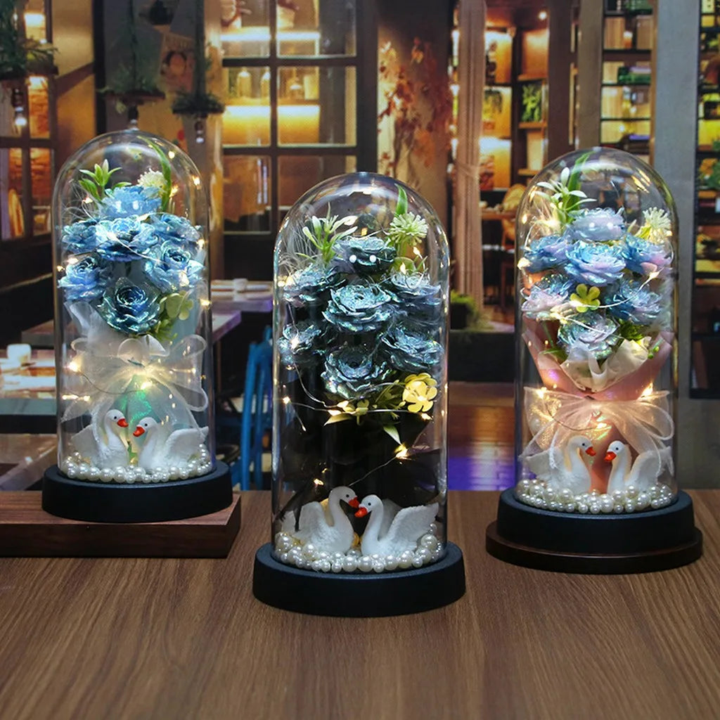 Glass Dome Ornament Handmade Decorative Flower Wreath Preserved Rose Bouquet Dust-Free Led Glowing Night Light For Valentine'S Oasis Select