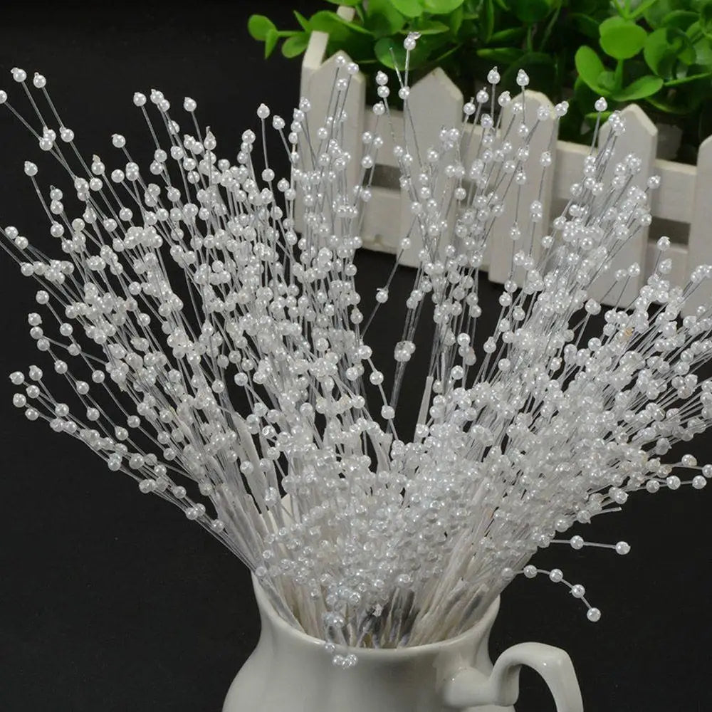 10pcs Bunch String Pearl Sticks Bridal Bouquets White Pink Blue Beaded Handmade Flower Stem Beads Wedding Party Decor Gift Oasis Select 3mm-10pcs