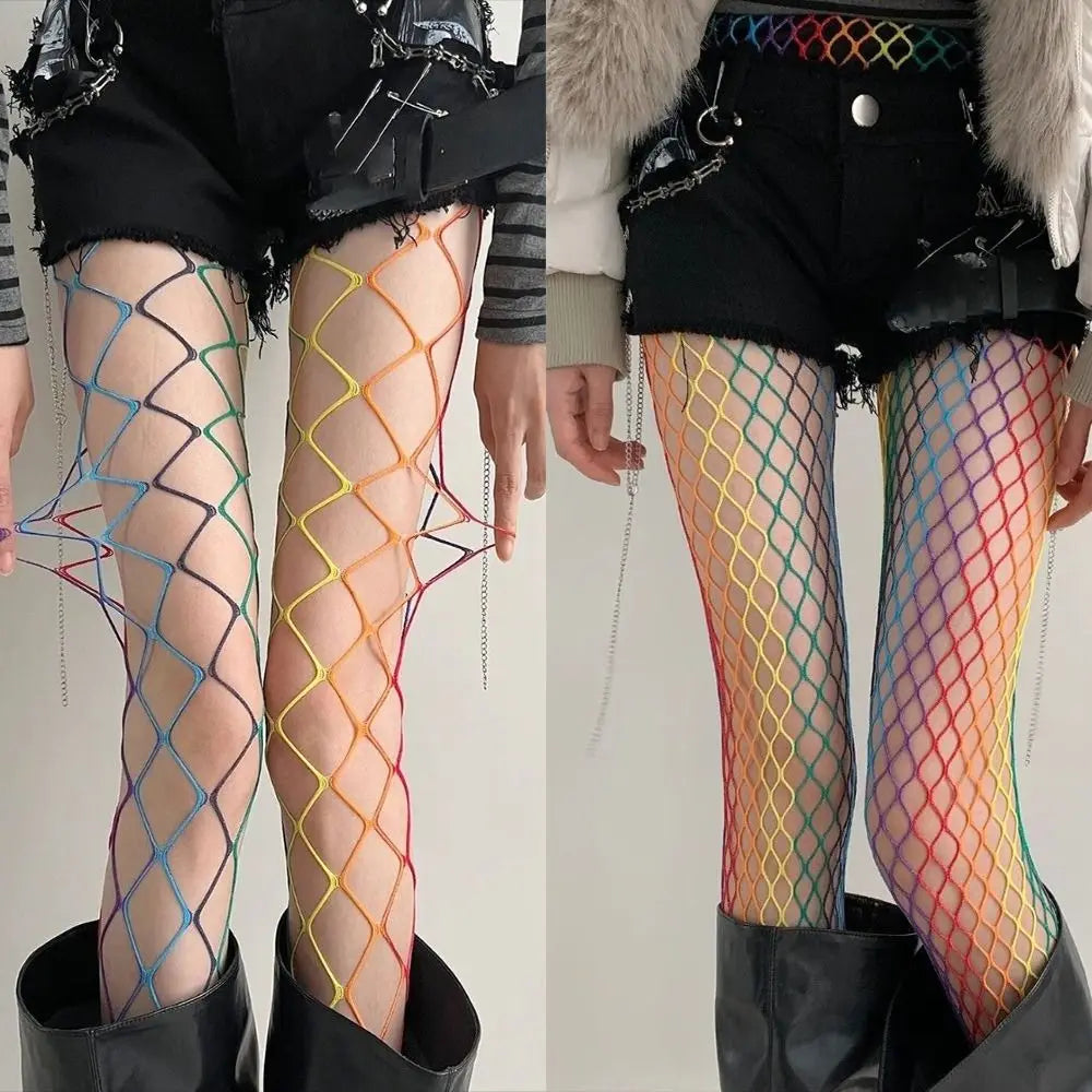 Sweet Cool Dopamine Rainbow Fishnet Stockings Y2K Gradient Mesh Hollowed Out Tights High Waist Sexy Pantyhose Women Fashion Oasis Select