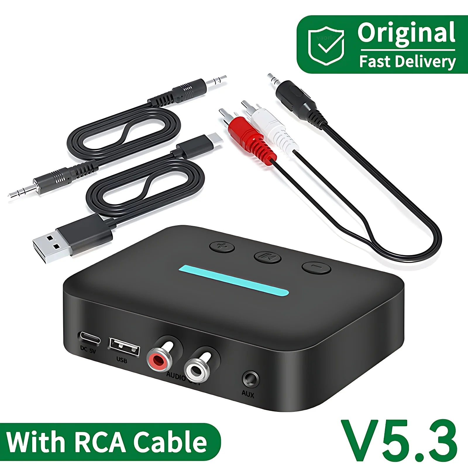 USB Bluetooth 5.3 Audio Receiver Adapter Wireless Stereo Music 3.5mm AUX R/L RCA Support U-Disk Playback For Desktop Speaker Amp Oasis Select With RCA Cable