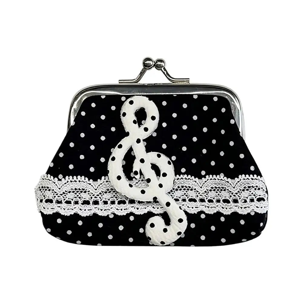 Retro Mini Pouch Polka Dot Coin Bag Women's Small Wallet Lace Decor Music Note Pendant Portable Storage Organizer Oasis Select Black2