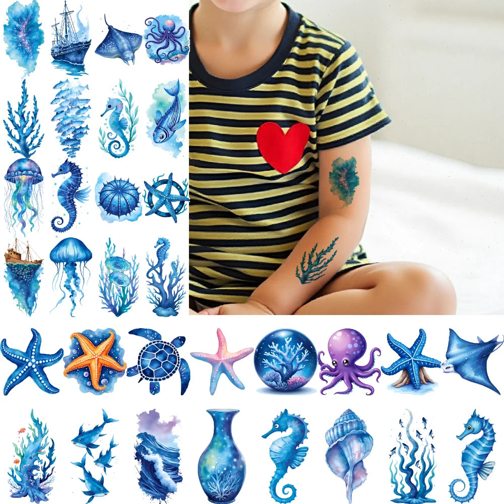 63-Piece Watercolor Sea Creature Temporary Tattoo Stickers
