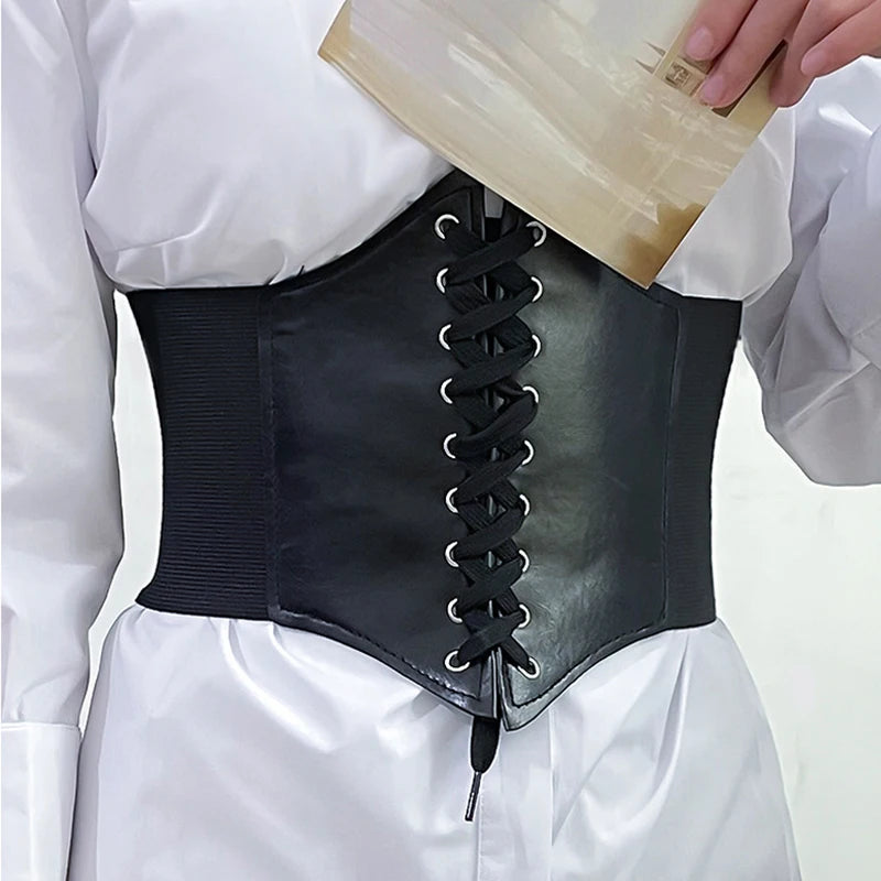 New High Elastic Lace-up Corset Women Black Retro Punk PU Slimming Wide Belt For Womens Fashion Gothic High Waisted Belt Oasis Select