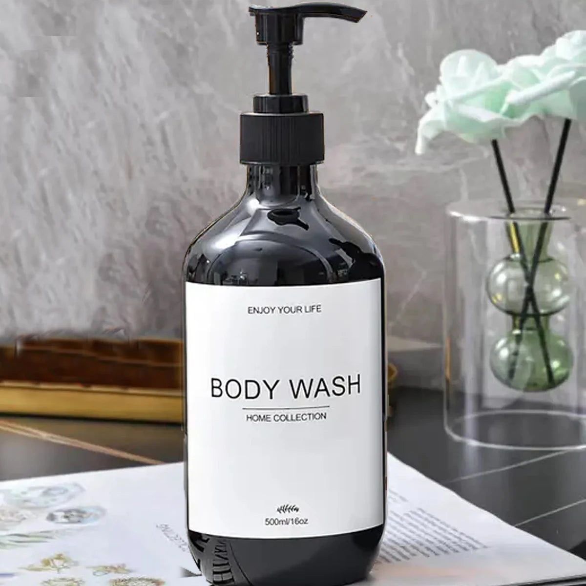 Bathroom Shampoo Dispenser Set 500ml Conditioner Body Wash Bottles Refillable Dispenser Farmhouse Decoration Storage Bottles Oasis Select Black-B 1