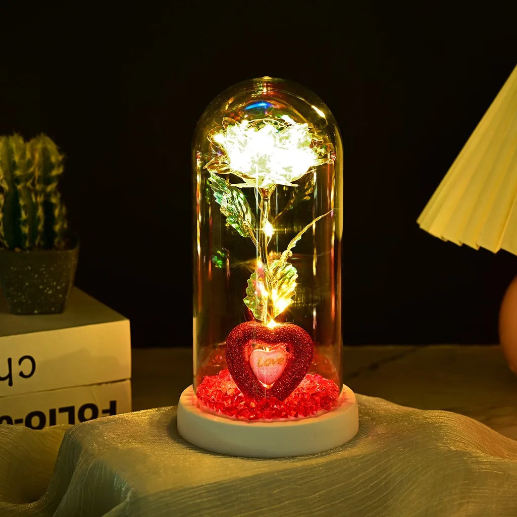 Romantic Rose Ornament Delicate Led String Lights Decoration Glass Dome Rose Charming Luxury Glass Display Rose For Home Decor Oasis Select White