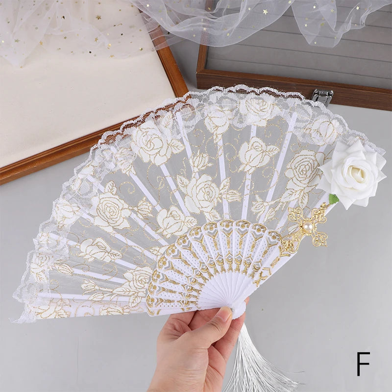 Ladies Lace Folding Hand Fan with Tassels | Wedding & Dance