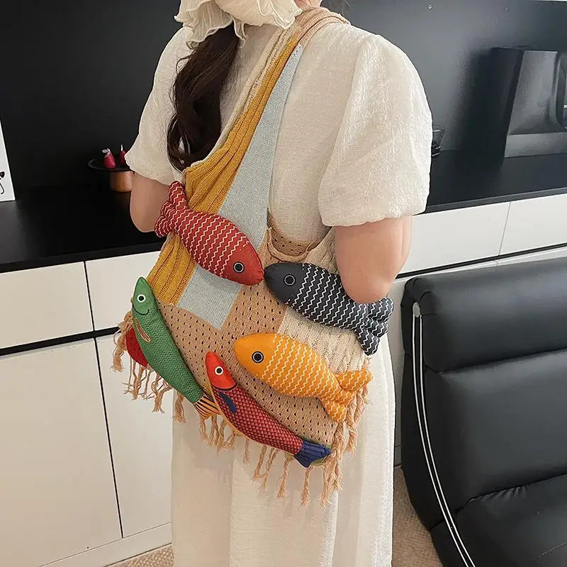 Cute Fish Relaxed Tassel Knitted Bag Splicing Shoulder Bag Little Fish Tote Bag Versatile Casual Commuter Handbag For Girls Gift Oasis Select