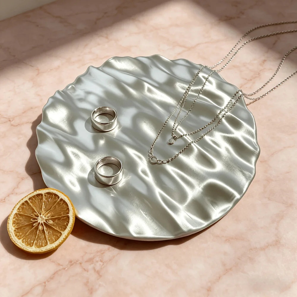 Wavy Silvery Jewelry Display Tray, Irregular Ripple Texture Trinket Plate for Earrings, Rings, Photography Prop Vanity Decor Oasis Select white