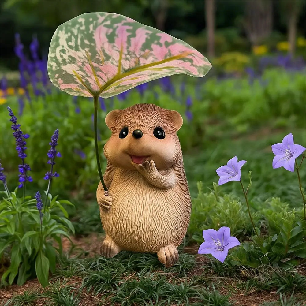 Leaf Umbrella Hedgehog Figurine | Resin Garden Statue Decor Garden Figurine Oasis Select