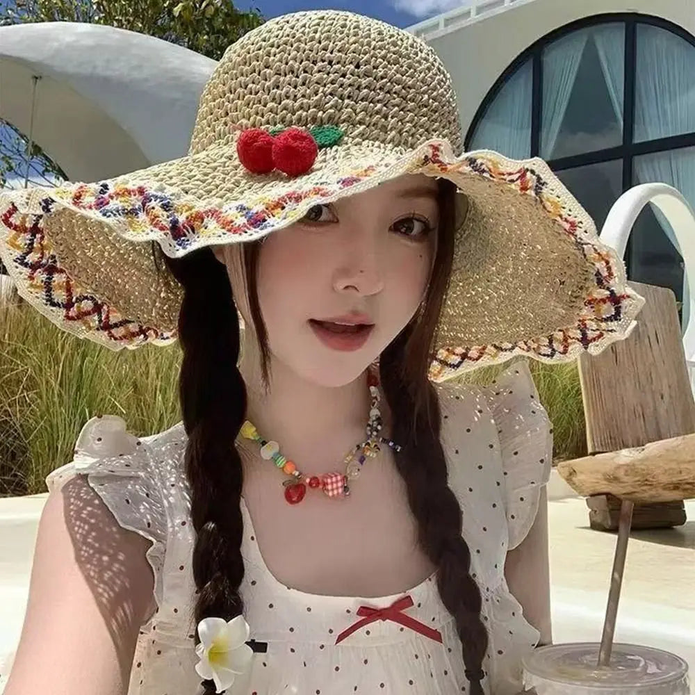 Fashionable Large Brim Straw Hat Floral Tie Ethnic Style Fisherman's Hat Hollow out Sun Protection Hat Vacation Oasis Select