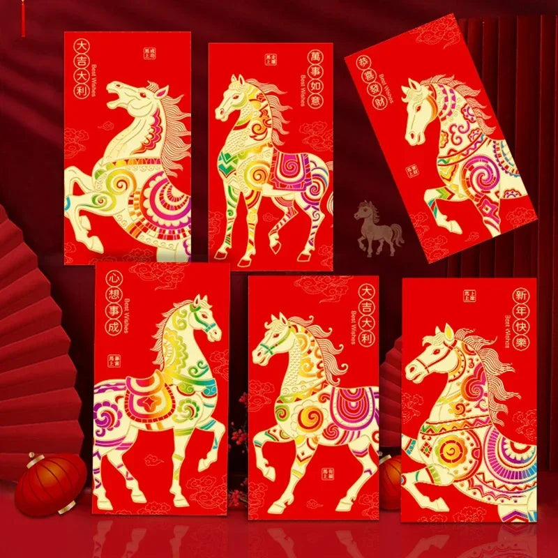 6Pcs/set Chinese New Year Money Envelope Horse Year Red Envelope Red Pocket Spring Festival Envelope Oasis Select
