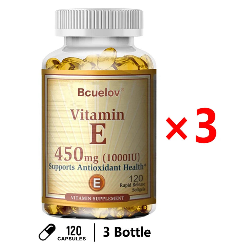 Bcuelov Vitamin E 1000 IU 450mg - for skin, hair, circulatory health, immune system support - antioxidant supplement Oasis Select 120 count-3 bottle