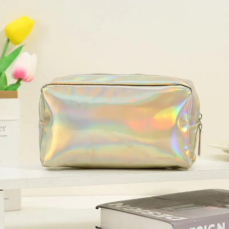 Holographic Laser Cosmetic Bag | Waterproof Travel Makeup Organizer Travel Cosmetic Bag Oasis Select Gold Light