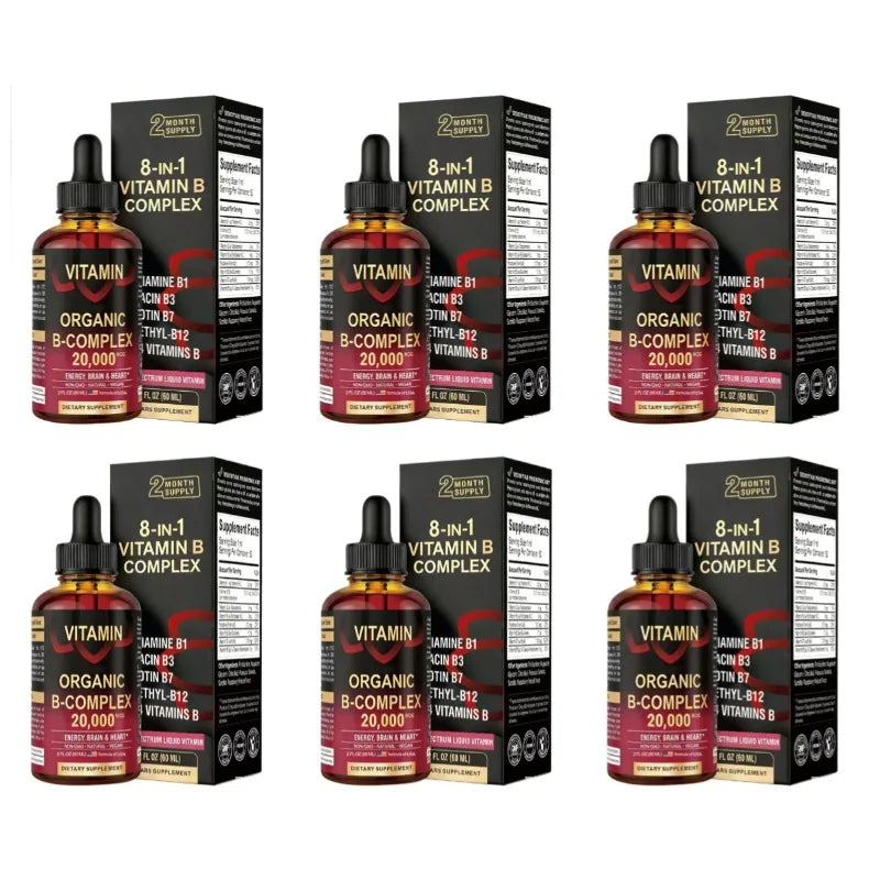 8-in-1 Organic Vitamin B Complex Liquid Drops | B12 Biotin 60mL Liquid B Vitamin Complex Oasis Select 6 bottles