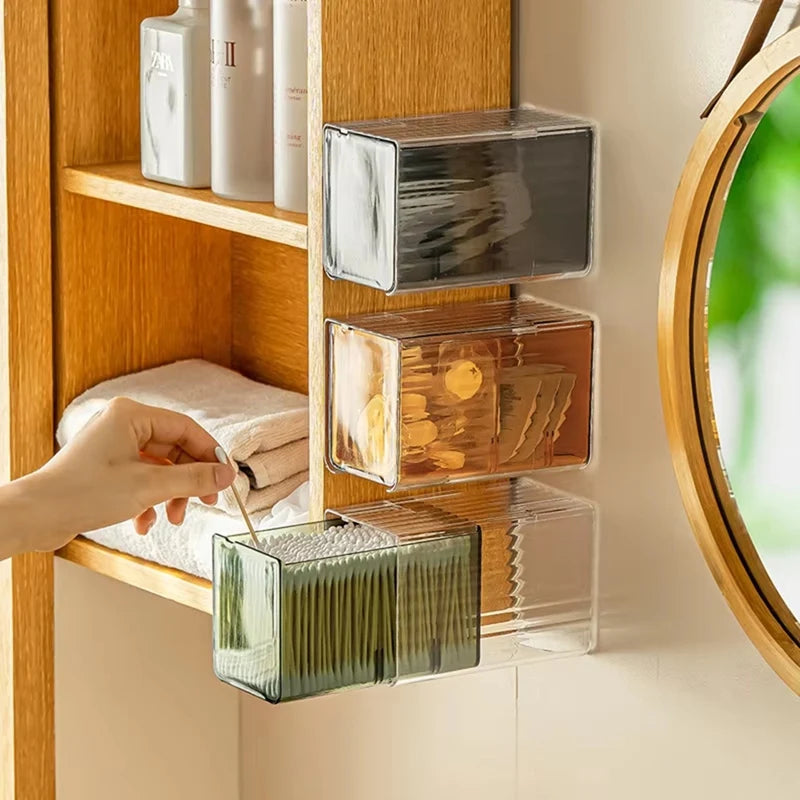 WISH Wall-Mounted Cotton Pad And Swab Organizer Box, Punch-Free Transparent Plastic Cosmetic Storage Container With Drawer Oasis Select