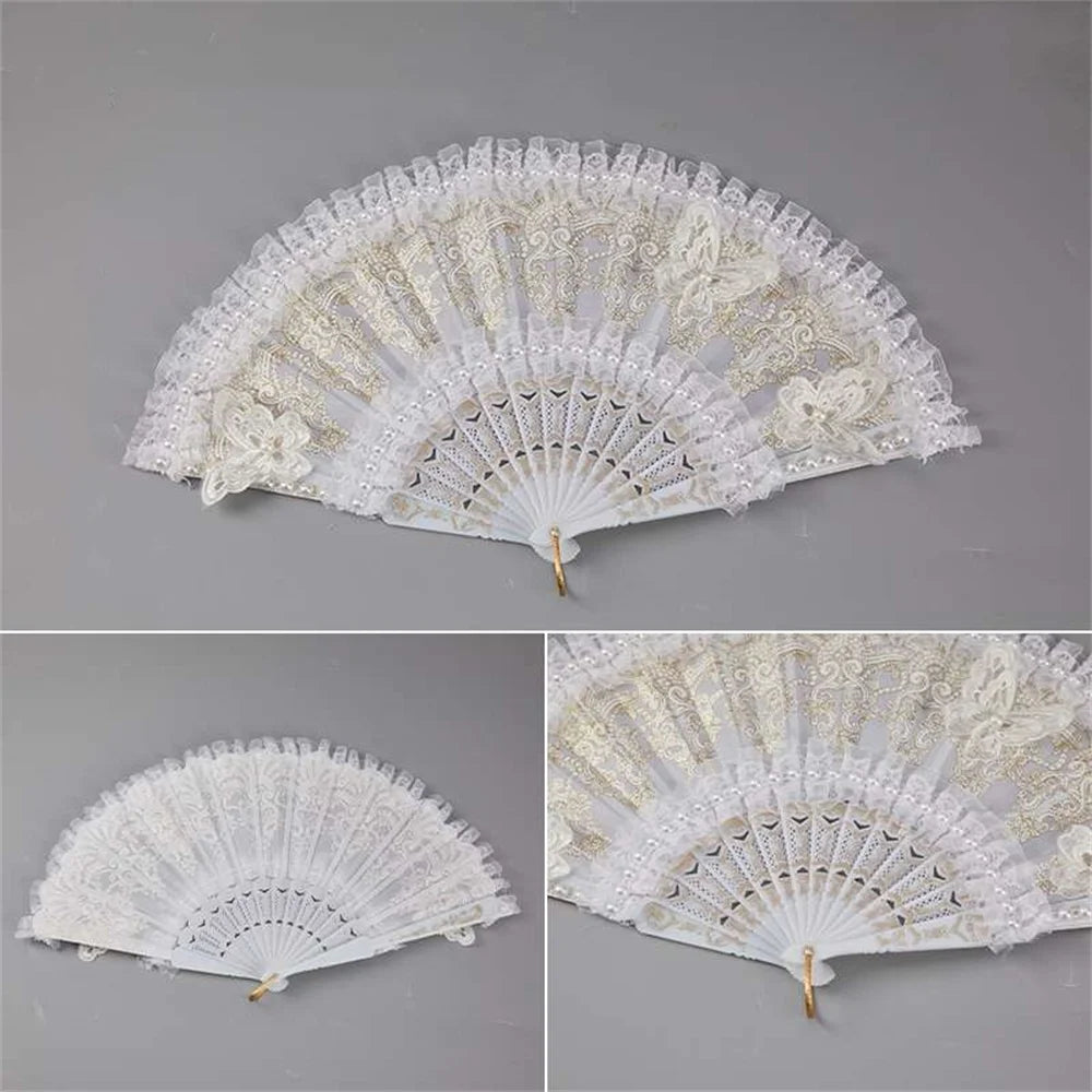 Fashion Wedding White Lace Folding Fan Plastic Wedding Cosplay Party Home Decorative Fan Ancient Bride Hand Fan Decoration Oasis Select