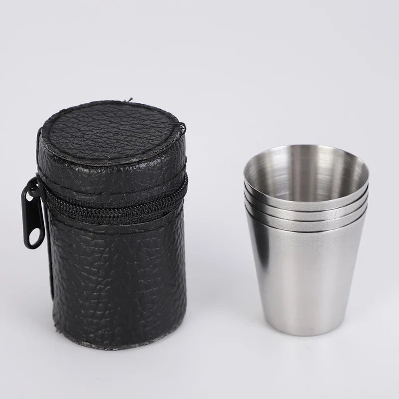 4Pcs 30ml Stainless Steel Shot Glasses with Leather Case Outdoor Hiking Gear Stackable Cup Camping Sets Portable Drink-ware Cup Oasis Select 4cups1Case 30ml