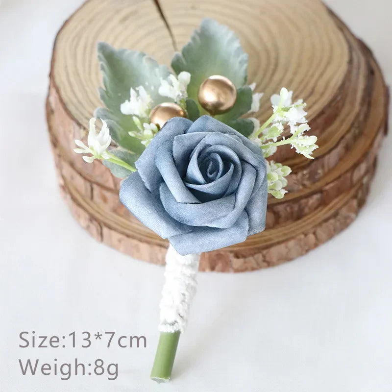 Boutonnieres Flowers Artificial White Roses Silk Ivory Corsage Buttonhole Groomsmen Boutonniere for Men Wedding Accessories Oasis Select Light Blue