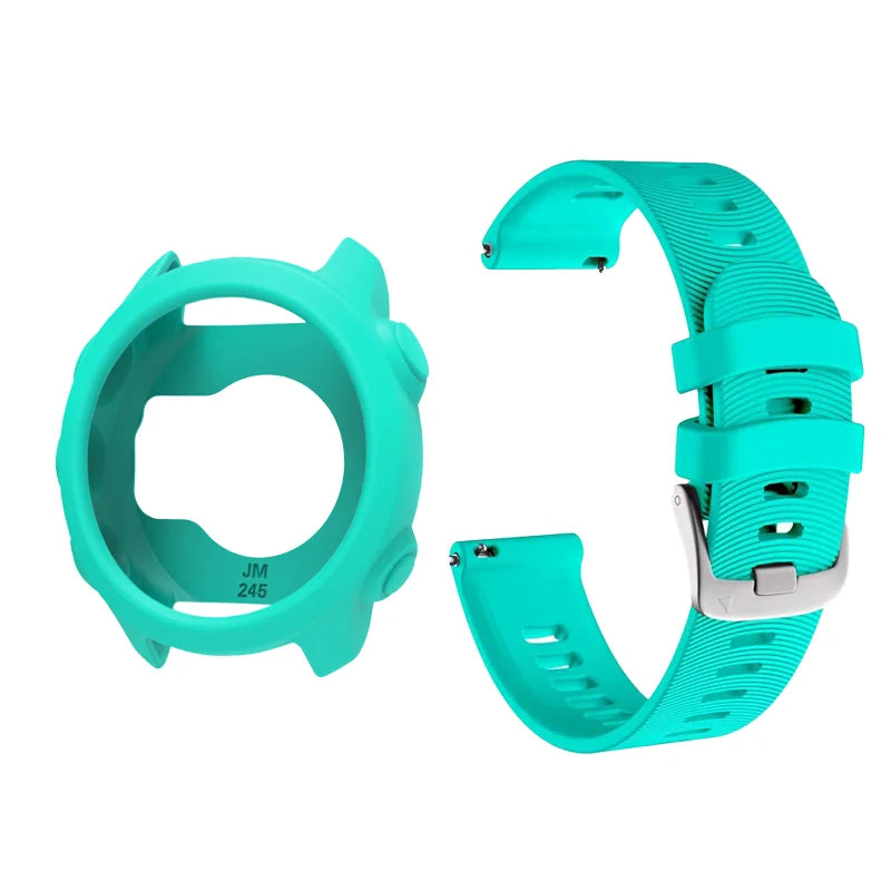Silicone Protective Case Cover +Strap For Garmin Forerunner 245M/245 Smartwatch Strap Protector Shell Frame Protective Cases Oasis Select TGreen Case Strap Forerunner 245 245M