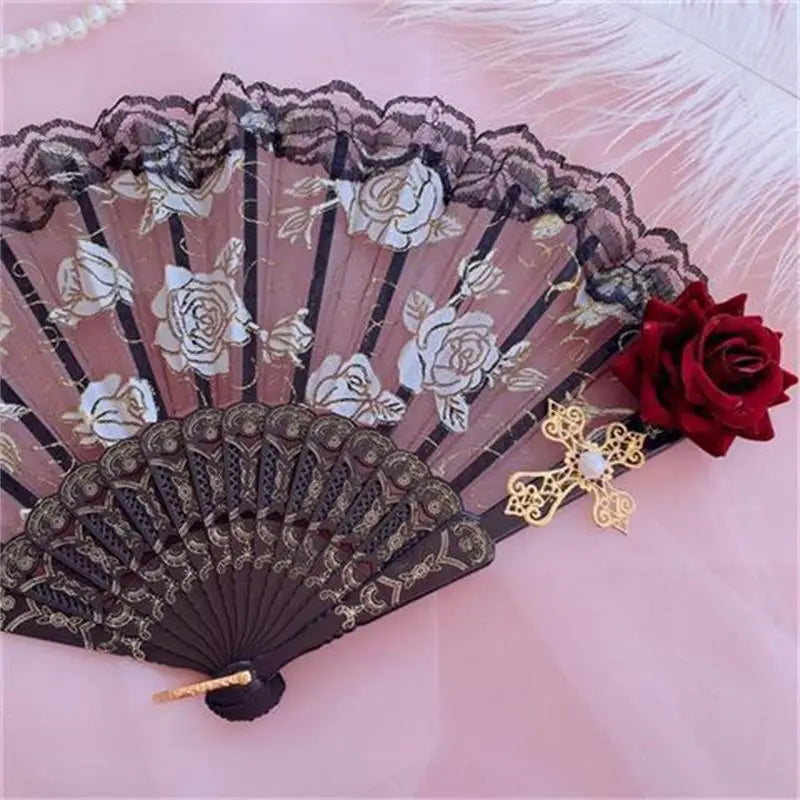 Lolita Gothic Fan Victorian Female Lace Hand Fan Vintage Black White Red Rose Bamboo Fans Cosplay Halloween Party Supplies Oasis Select