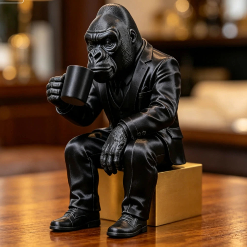 Suit Gorilla Figurine Coffee Drinking Gorilla Statue 3D Printed Sitting Posture Bookshelf Edge Ornament Creative Desk Decor Gift Oasis Select