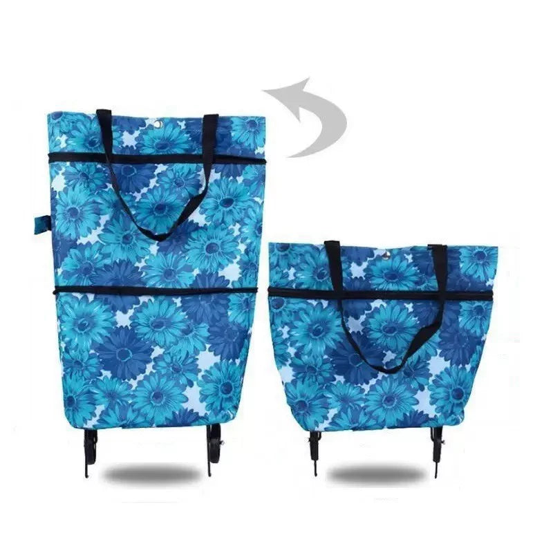 1pc Foldable Handbag, Small Trolley Large Supermarket Shopping Bag, Hand-drawn Grocery Cart Portable Bag Oasis Select Blue flowers