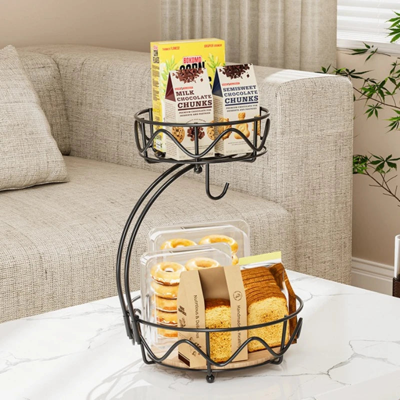 Wrought iron fruit basket wooden bottom snack storage fruit plate banana hook round removable fruit and vegetable storage basket Oasis Select
