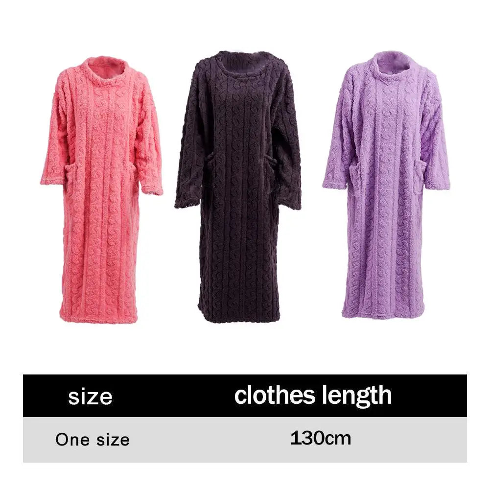 Winter Warm homewear Long Sleeve Double Pocket Flannel Nightgowns Women Loose Solid Sleepwear Jacquard Night Dress Thickened Oasis Select
