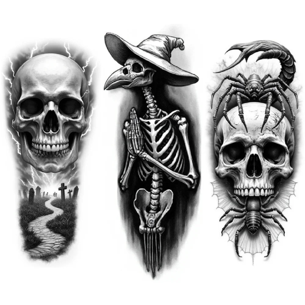 3-Pack Waterproof Temporary Tattoos – Spider, Skull & Scorpion