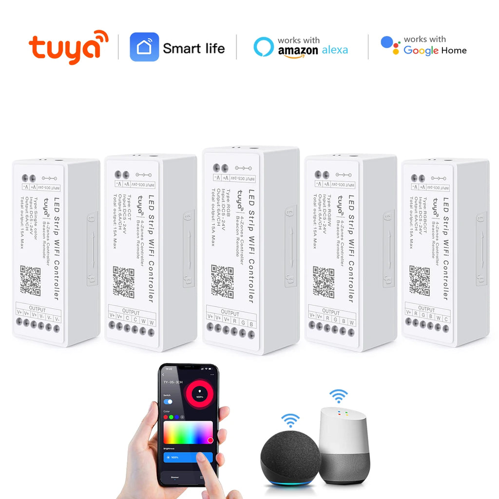 WiFi LED Controller DC12V-24V Tuya Single Color CCT RGB RGBW RGBCCT Tape Light APP & Voice Control Bluetooth for Smart Home Oasis Select