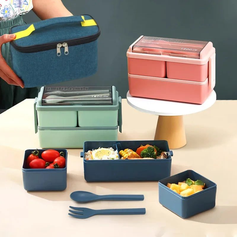 Double Layer Lunch Box with Storage Bag Leakproof Student Microwave Dinnerware Set with Fork Spoon Food Snack Storage Container Oasis Select