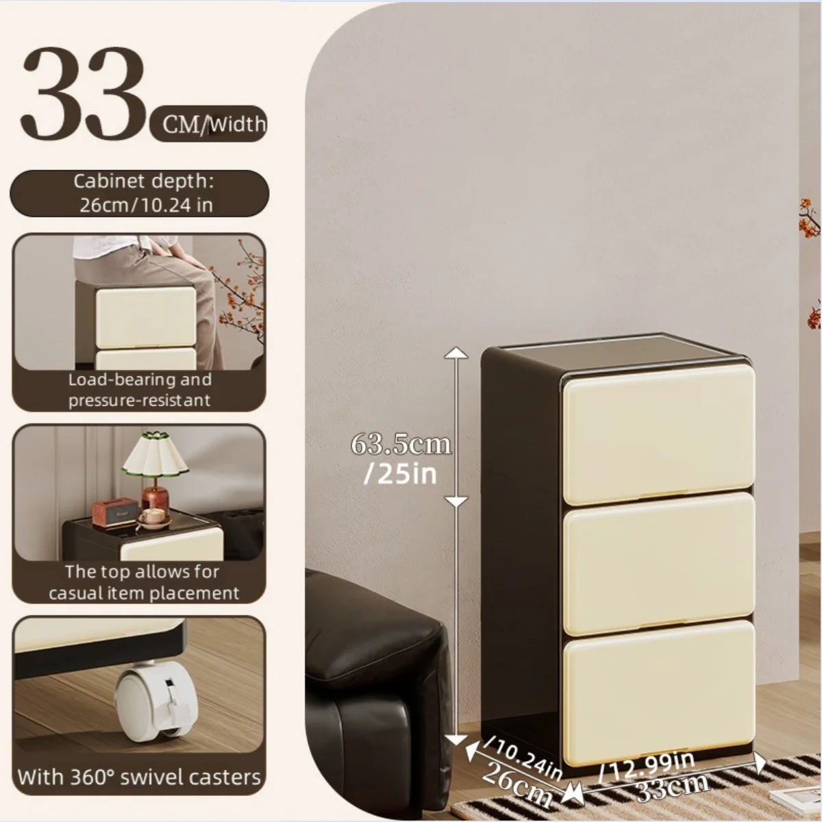 Floor Standing Drawer Storage Cabinet with Wheels - Multi-Sized Large Capacity Organizer for Living Room Office Bedroom Study Oasis Select 3 Layers