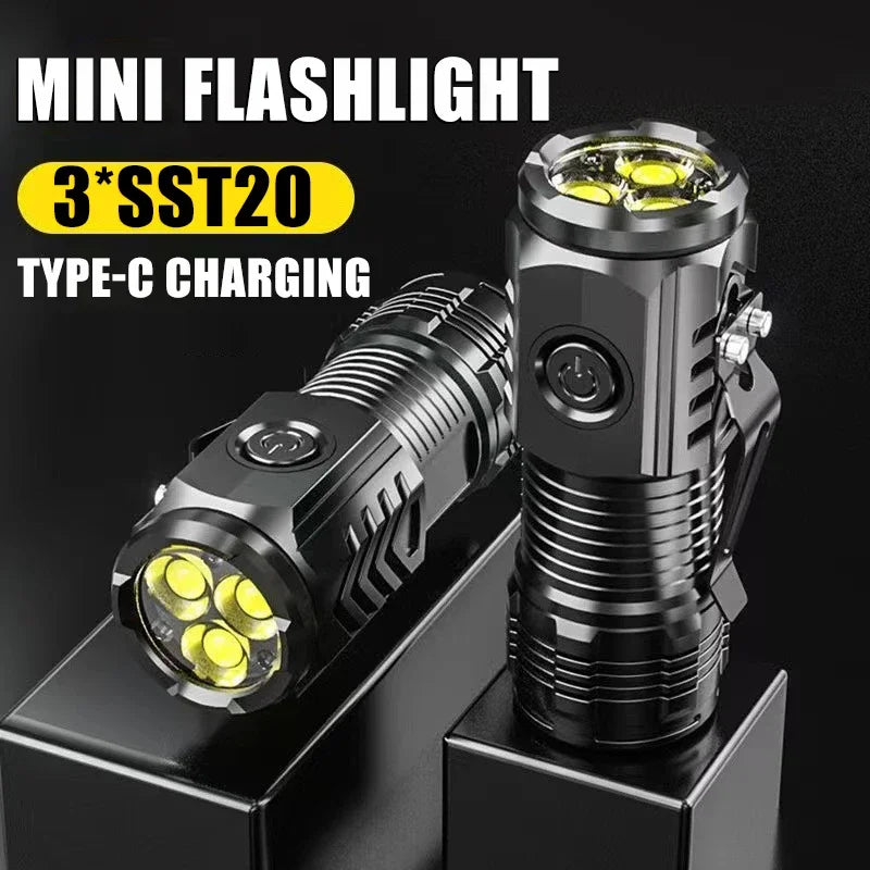 Powerful 3LED Super Bright Flashlight Portable Mini Burst Flash Torch Rechargeable Emergency Spotlight with Pen Clip Tail Magnet Oasis Select