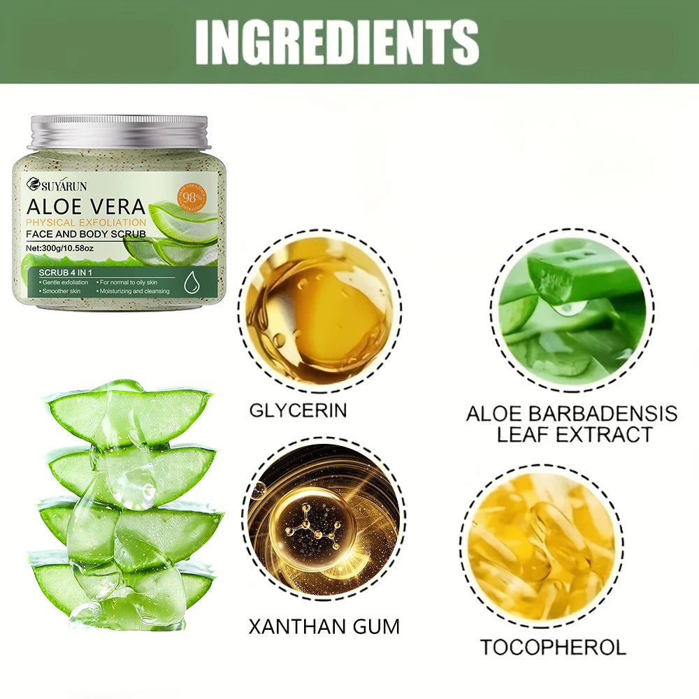 SUYARUN Natural Aloe Vera Exfoliating Scrub for Face & Body - Moisturizing Organic Formula, Gentle Skin Renewal 300g. Oasis Select