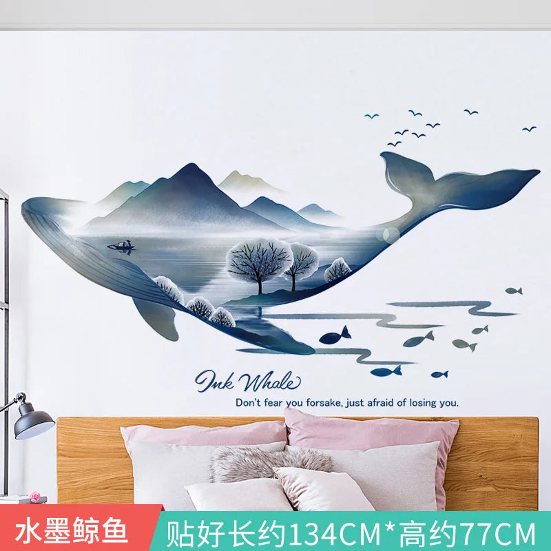 Ink Smudge Light Blue Mountain Background Wall Decoration Stickers Bedroom Bedside Chinese Artistic Conception Wall Stickers Oasis Select 12