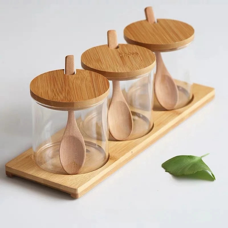 3Pcs Condiment Jars Set Clear Glass Bamboo Lid Spice Jar with Spoon Kitchen Sugar Salt Spices Storage Box Household Container Oasis Select