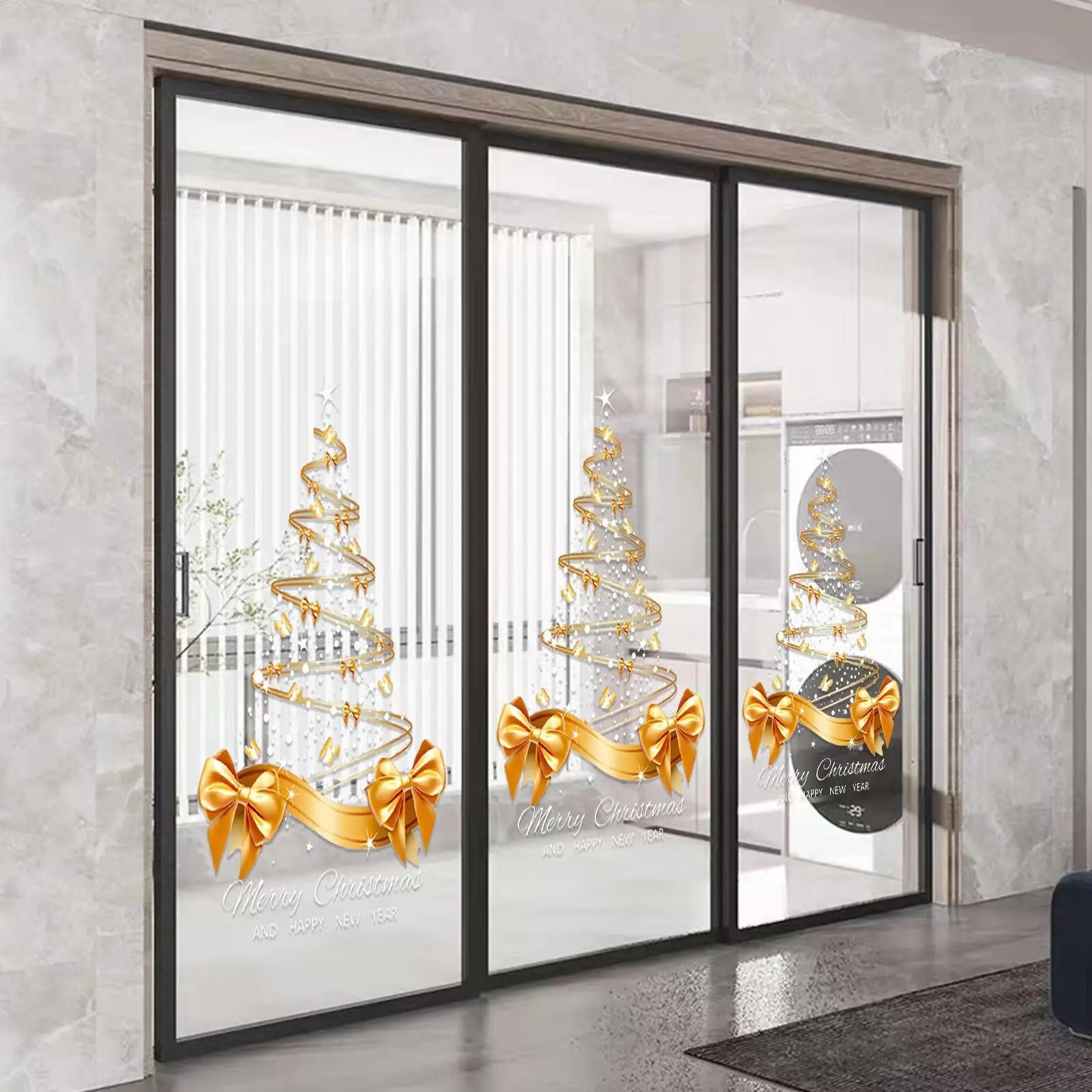 Christmas Window Clings 25.59x17.72 Inch Mural Pvc Double-Sided Golden Christmas Tree Window Clings for Glass for Holiday Home Oasis Select