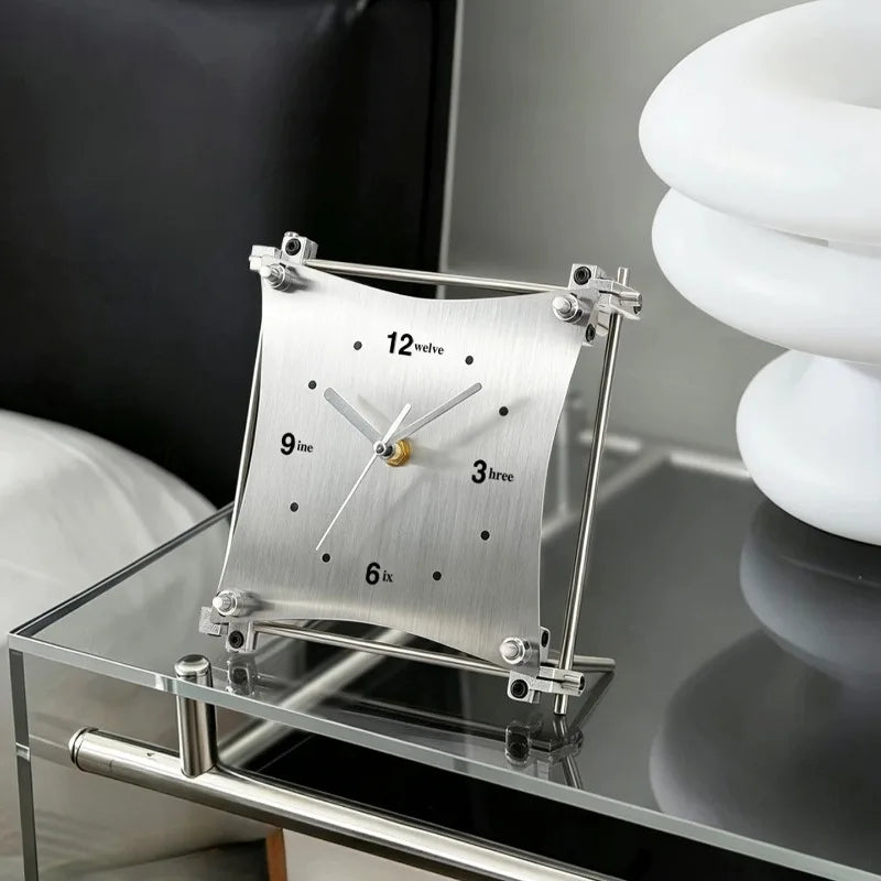 Stainless Steel Geometric Desk Clock Creative Word Number Dial Silent Timepiece Modern Art Table Decor for Bedroom Living Room Oasis Select