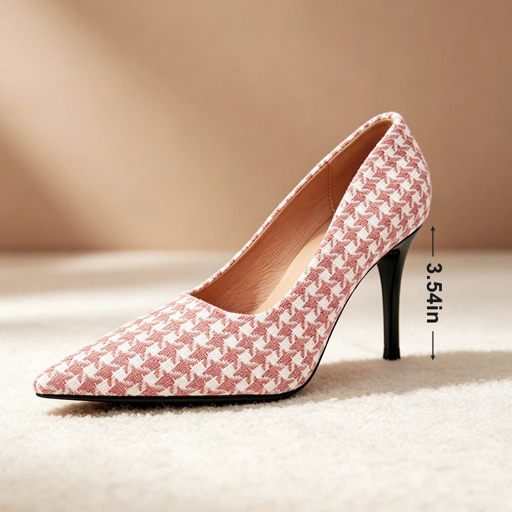 Women Pink Houndstooth Heels 9cm Vintage Plaid Pumps Office Party Shoes Comfortable Non Slip Coquette Ladies Daily Wear Fashion Oasis Select