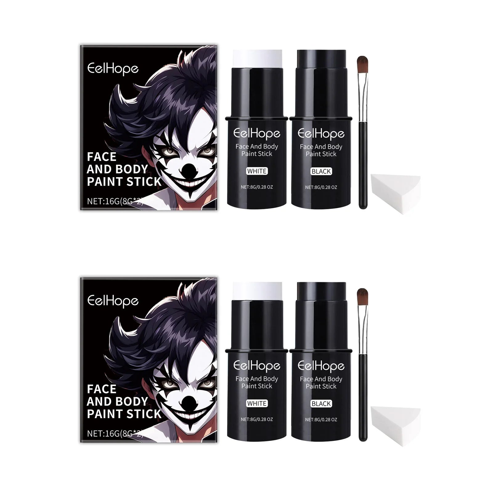 Halloween Black White Face Body Paint Kit Full Coverage Lighweight Foundation Clown Joker Makeup Festive Makeup Accessories Set Oasis Select 2sets boxes