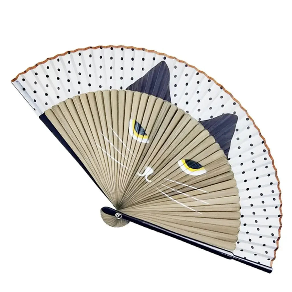 1 pcs Exiquisite Cartoon Summer Gift Bamboo Wooden Cat Patterns Folding Fan Home Decoration Fan Crafts Silk Fan Oasis Select brown