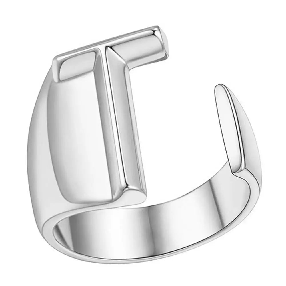 A-Z Initial Letter Ring – Adjustable Silver Open Ring for Women