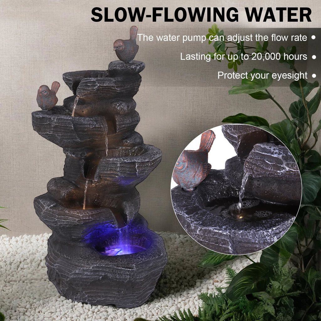 Cascading Rock Water Fountain with LED Lights Resin Stone Imitation Waterfall Tabletop Water Fountain Home Art Decor Oasis Select