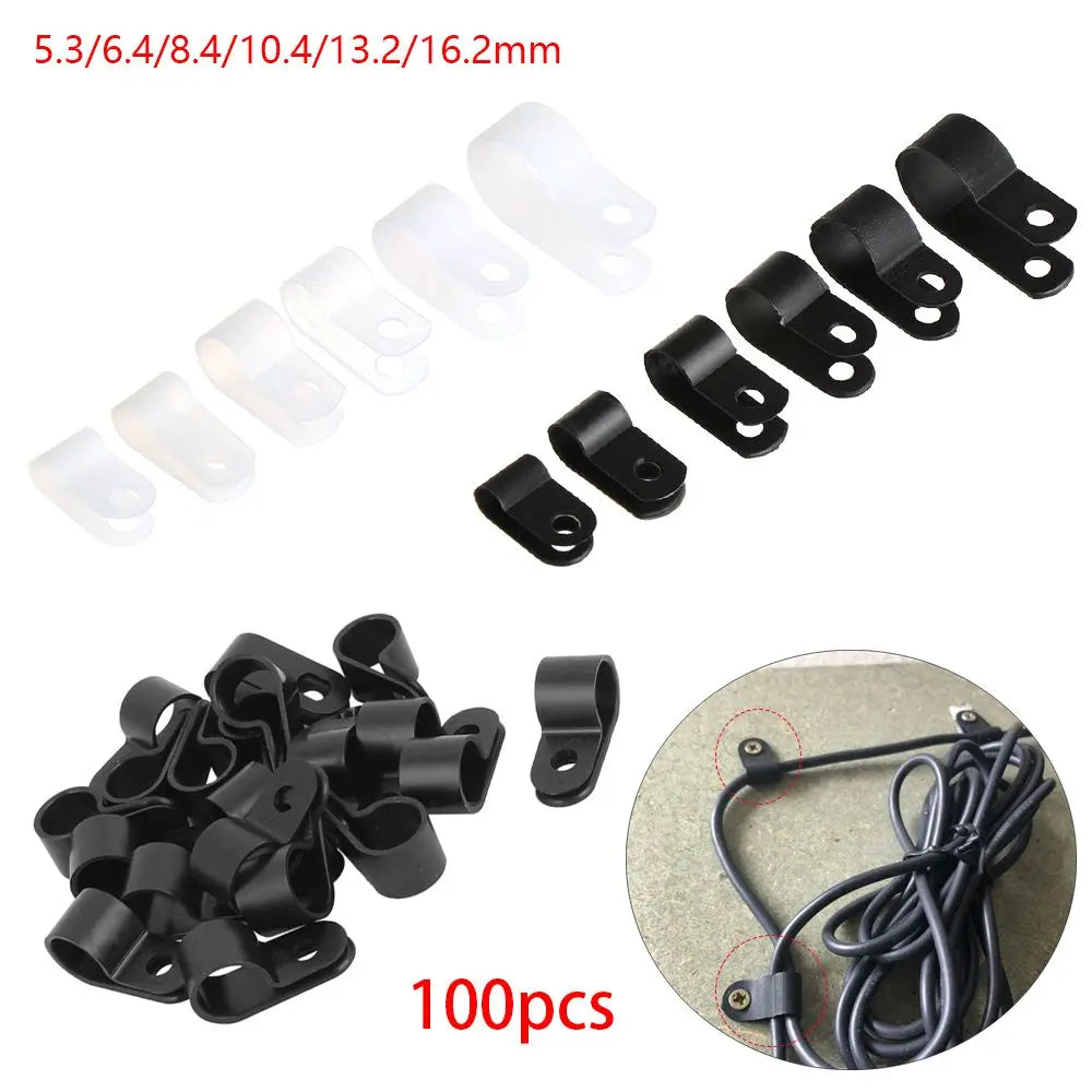 100PCS R-Type Nylon Cable Clamp Plastic P Clips Black Nylon Fasteners Cable Mounting Fix Hardware Electrical Fittings Durable Oasis Select
