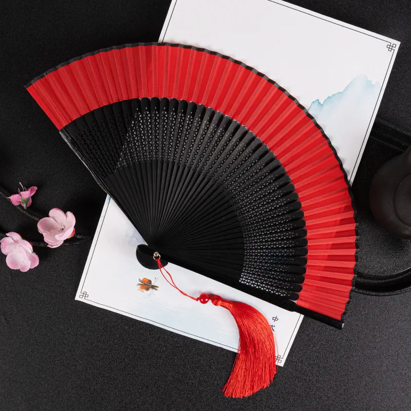 Chinese Style Folding Folding Fan Change Color With Tassel Dance Fan Silk Cloth Bamboo Summer Oasis Select Red 2