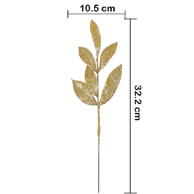 1pcs Glitter Bay Leaf Stems Artificial Christmas Spray Picks Fake Floral Leaf Branches Wired Stem Decor For Christmas Tree Oasis Select Gold