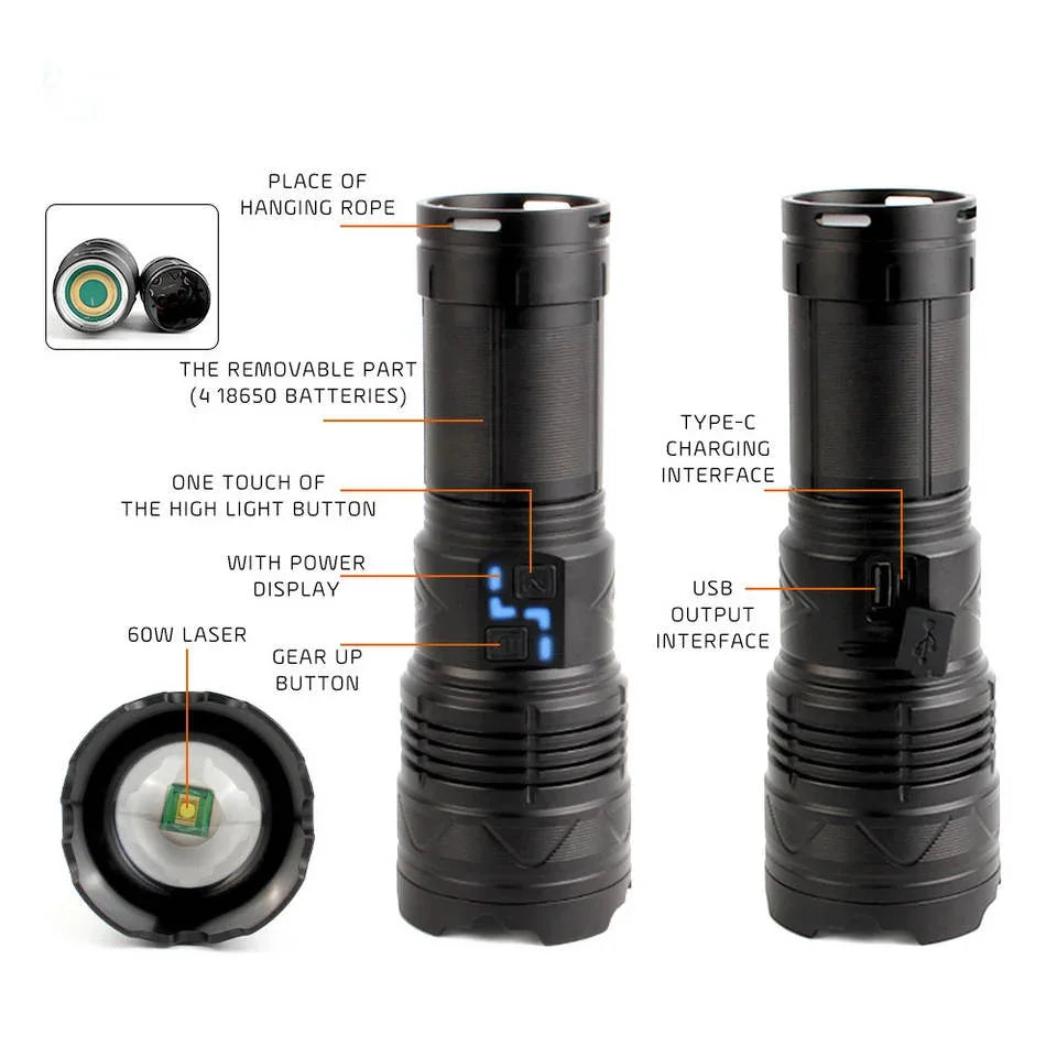Powerful LED Flashlight Super Bright Spotlight Long Range Zoomable Emergency Lantern Outdoor Camping Torch Power Display Oasis Select